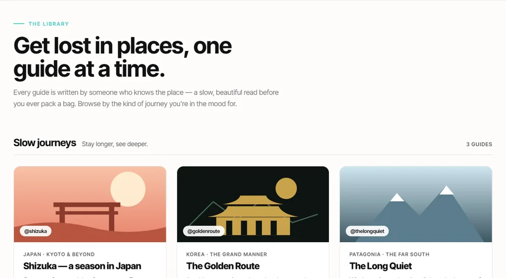 Wayfarer library with illustrated travel guides and destination categories