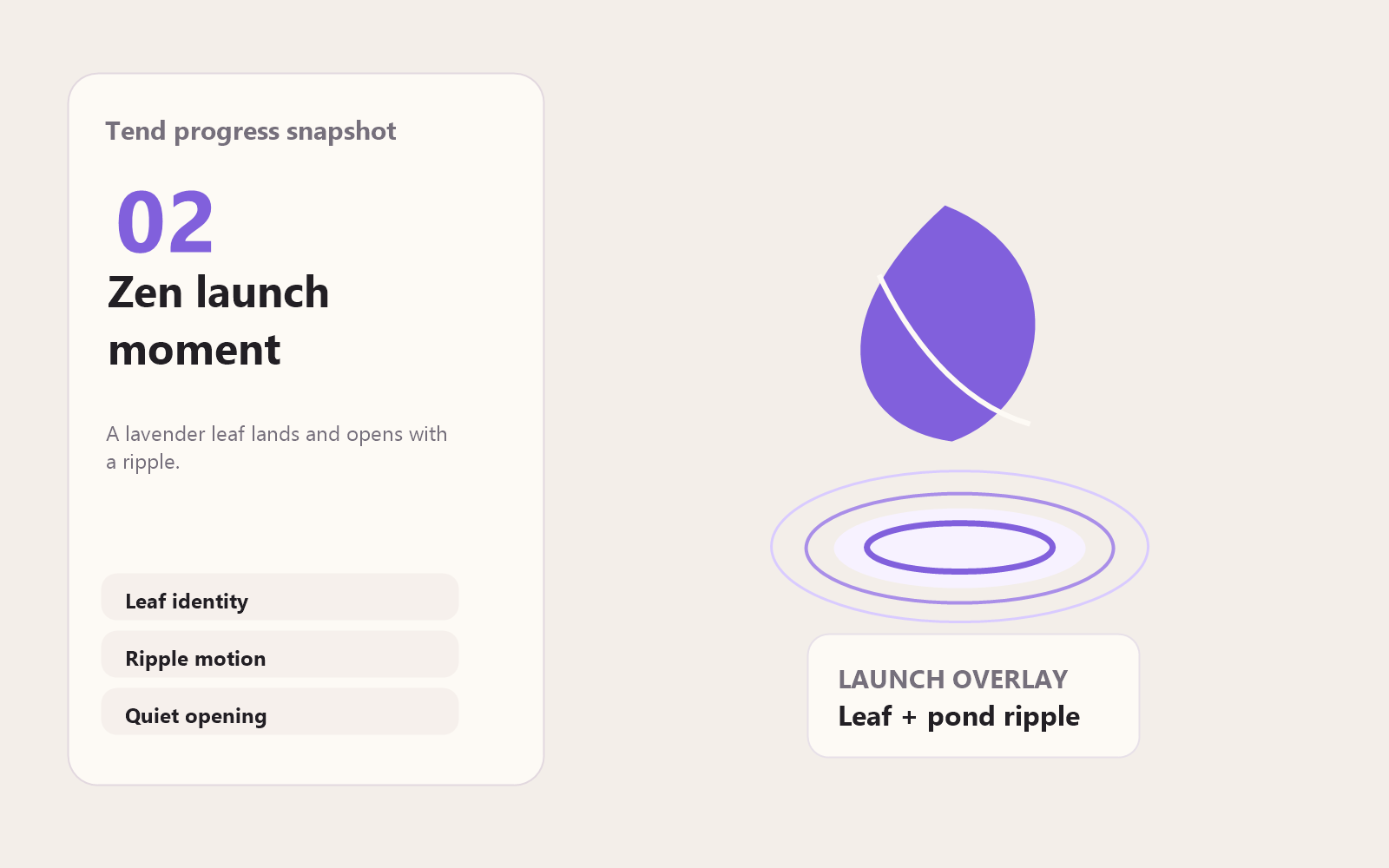 Lavender leaf and pond ripple launch animation snapshot