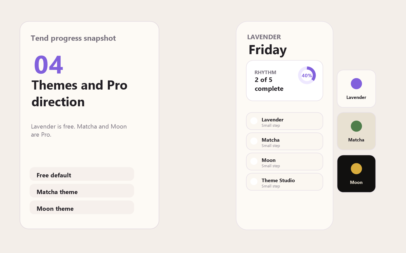 Tend theme studio and Pro direction snapshot