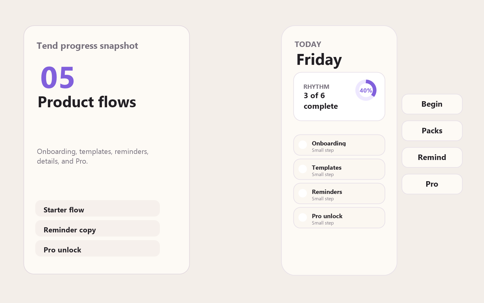 Tend onboarding templates reminders and Pro unlock product flow snapshot