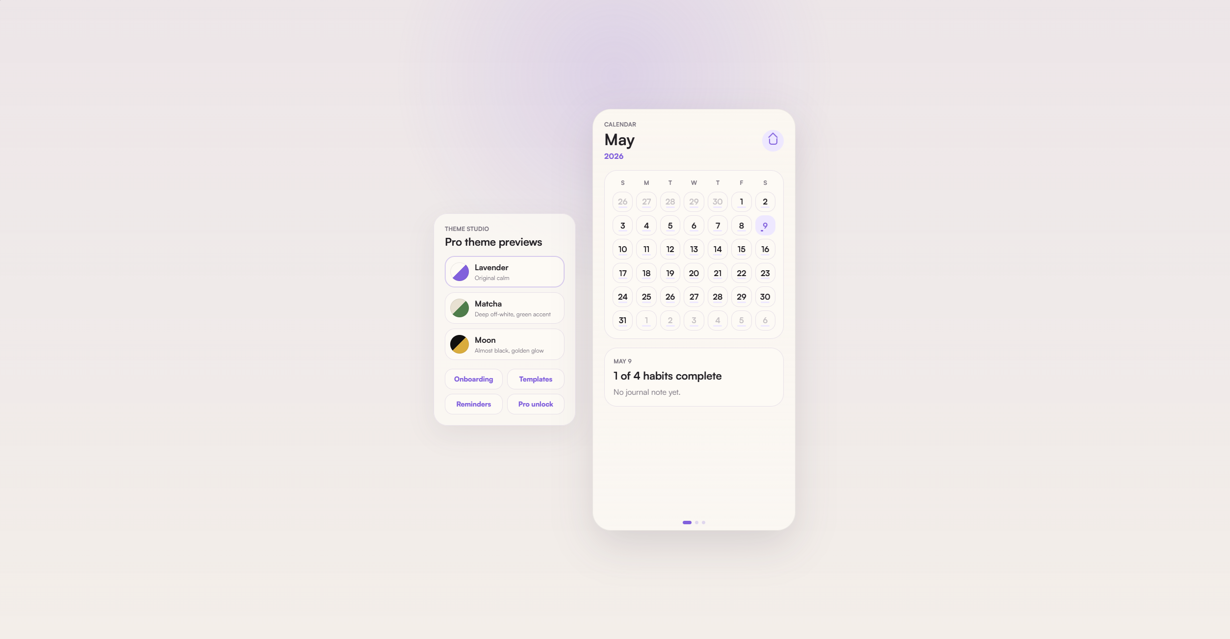 Final Tend Calendar page design with month view, daily summary, and theme preview