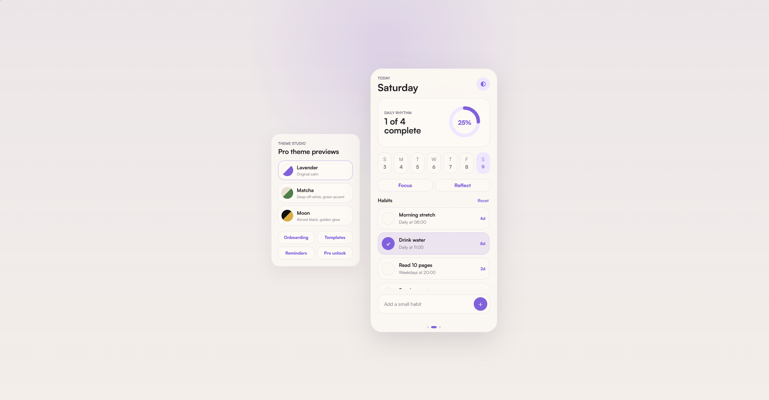 Final Tend Home page design with habit list, progress ring, weekly strip, and theme preview